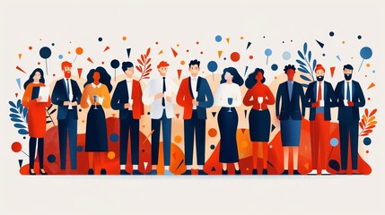 Diverse group of stylized people standing in a colorful, abstract background. Ideal for teamwork, collaboration, and diversity concepts.