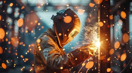 Industrial worker welding with sparks flying, protective gear, intense focus, skilled craftsmanship, powerful and dynamic, copy space