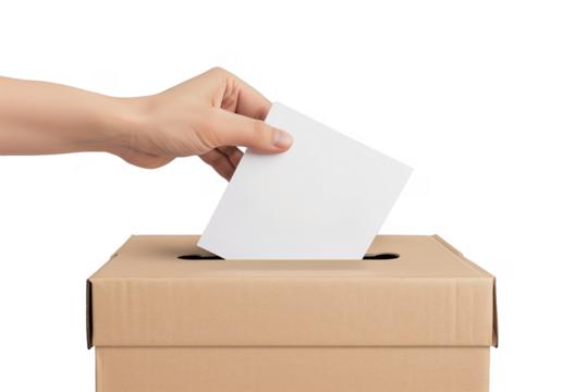 Ballot box with hand holding a ballot paper voting isolated on transparent background