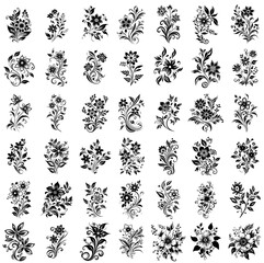 flower set black vector, laser cutting, engraving, print, woodcut and linocut