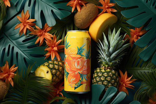 Tropical Beverage Can Surrounded by Fresh Fruits and Flowers