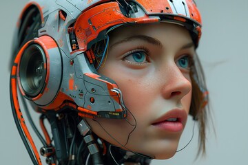 Fototapeta premium futuristic head of european woman with a full cyborgized, cyberpunk, eccentric, vibrant, flashy, Ghost In The Shell, sleek