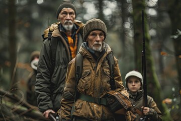 Fototapeta premium Group of hunters in the forest dressed in warm clothing