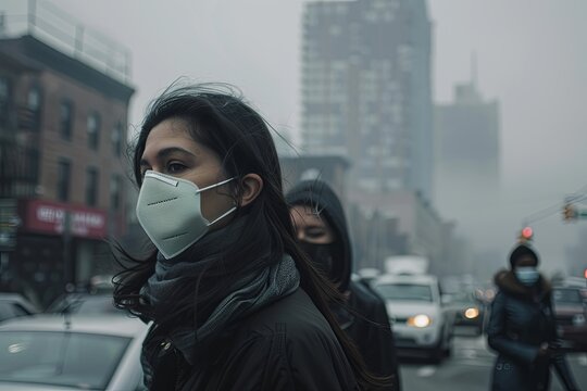Woman wearing a mask in a foggy urban street