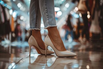 Close up of legs elegant woman with heels while shopping for luxury footwear in boutique, Shoes fashion concept.