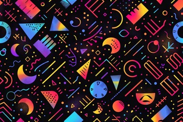 80s Retro Neon Shapes Pattern on Black Background