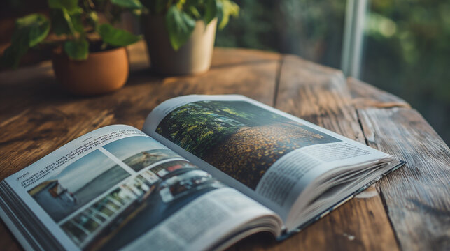 ウッドテーブルに雑誌と植物が置いてある落ち着いたデザイン