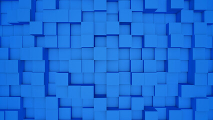 Abstract blue modern architecture 3D background with blue cubes on the wall.