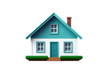 A simple white house with blue trim and a green roof.  The house has two windows and a door.  The house is set against a black background.