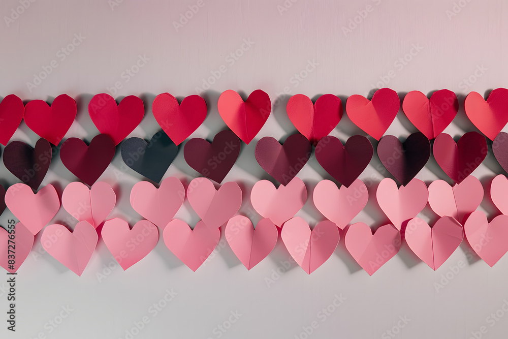 Wall mural row of pink and red paper hearts on wall