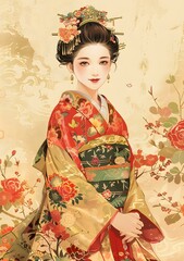 Naklejka premium A beautiful Japanese woman in a kimono with red and gold patterns and a floral background
