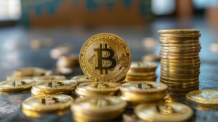 A stack of physical bitcoins with a focus on a single coin.