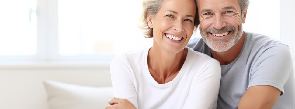 A smiling couple shows off their beautiful white teeth. The advertising concept of cosmetic dentistry. - Powered by Adobe