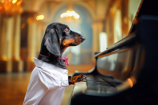 Elegant dachshund dog in white shirt, bow tie soulfully plays on black grand piano on background of luxury concert hall, classical music performance, talented genius Aesthetics of composer, artist