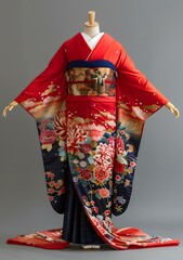 Naklejka premium A kimono with a red background and colorful floral patterns.