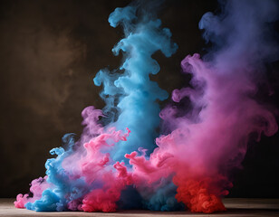 Pink and blue smoke rises up on a black background