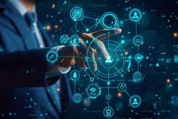 Obraz premium Businessman integrating online global network with technology icons and data transfer concept