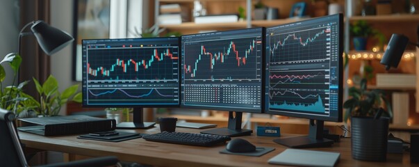 Home office with multiple trading screens