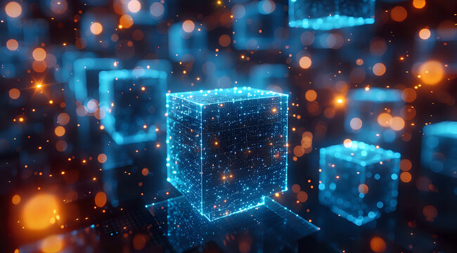 Glowing digital cubes floating in an abstract tech space with a vibrant bokeh background. Ideal for blockchain, technology, and futuristic themes