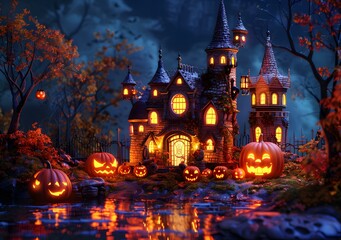 Spooky Halloween Haunted House with Scary Pumpkins in a Dark Forest