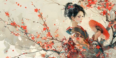Fototapeta premium A Japanese woman wearing a kimono stands under a cherry blossom tree.