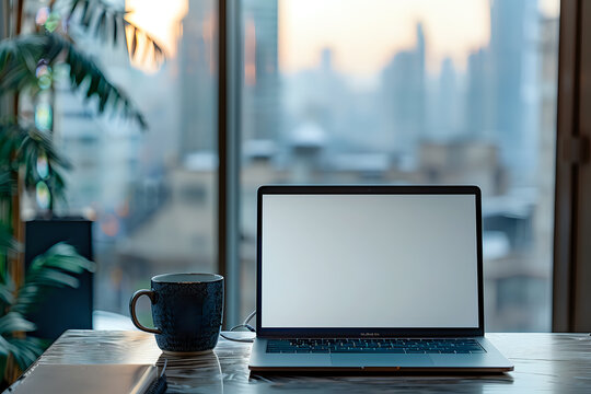 Laptop with a blank screen and a coffee mug on a table in front of a window overlooking a cityscape, perfect for content related to remote work, productivity, and modern workspaces.