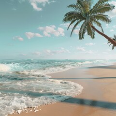 Panoramic Tropical Beach with Palm Trees and Blue Sea