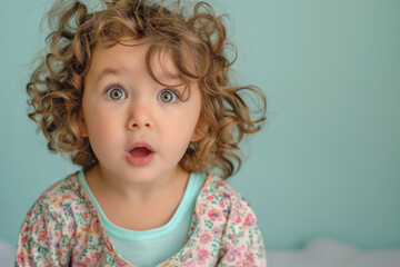 surprised young toddler girl with curly hair wearing colorful floral shirt on blue  background
