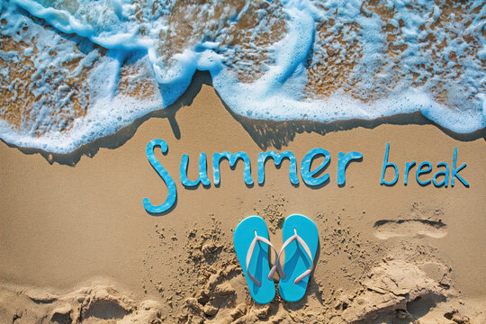 summer break concept with flip flops and sea foam on sandy beach