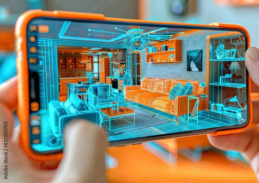 Poster Man Using Augmented Reality App for Home Renovation Planning in a Modern Living Room, Emphasizing the Future of AR Technology