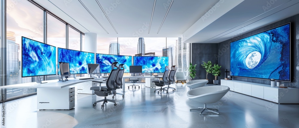 Poster modern office space with diverse group of young professionals engaged in high-tech work, featuring h