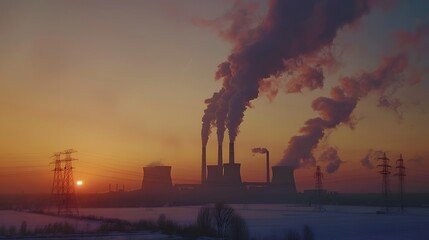 Obraz premium Winter sunset, silhouetted power plant with smoke from burned coal pipes visible