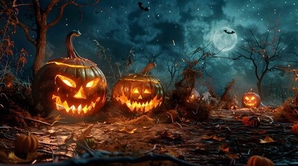 Naklejka premium Spooky Halloween pumpkins in a spooky forest at night