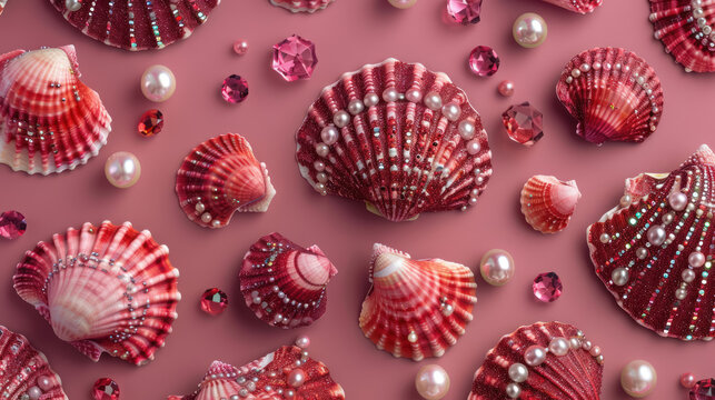 decorative red bordeaux  seashells adorned with pearls and gemstones on a textured background