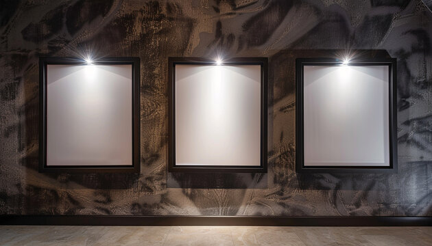 In a modern architectural studio, three empty white frames with dark borders are displayed against a wall covered in a luxe velvet texture.