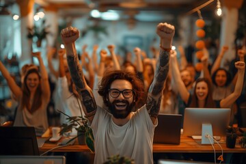 A lot of people cheering in a co working space, success at work, concept modern and young business