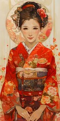 A beautiful Japanese woman in a red kimono with floral patterns