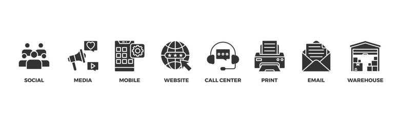 Omnichannel banner web icon illustration concept with icon of social media, mobile, website, call center, print, email, and warehouse	