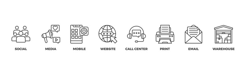 Omnichannel banner web icon illustration concept with icon of social media, mobile, website, call center, print, email, and warehouse	