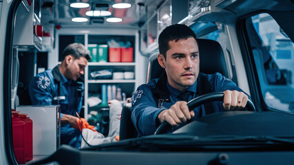 paramedic male doctor driving an ambulance with fellow doctor, emergency, urgency, 911