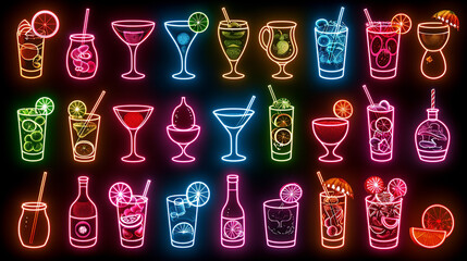 8k rows of neon cocktail drink icons, solid dark black background 