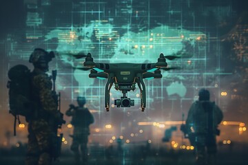 metallic drone equipped with AI technology hovering over a tactical map with highlighted targets, flanked by silhouettes of soldiers and digital overlays of military communications