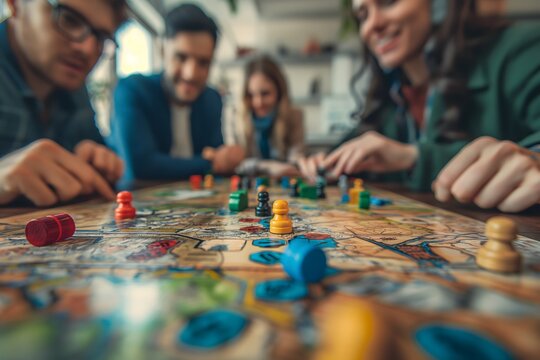 some employees play the board game during a team building activity in the office