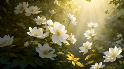 Imagine a scene where nature meets artistry. Picture a white flower as the focal point, surrounded by smaller blooms and golden foliage.