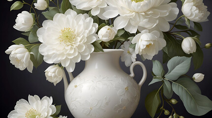 Craft an image reminiscent of classic still-life paintings. Highlight the purity of white flowers, emphasizing their graceful curves and intricate forms.