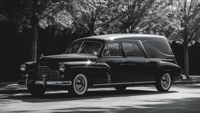 side view of a black vintage hearse going to a funeral, black and white photography