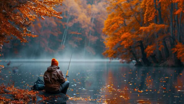 Male angler fishing in a serene river surrounded by autumn foliage, enjoying a peaceful afternoon outdoors in nature.