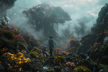 Fototapeta premium Humans exploring the wilderness, blending seamlessly with the natural surroundings and embracing the untamed beauty of the wild.