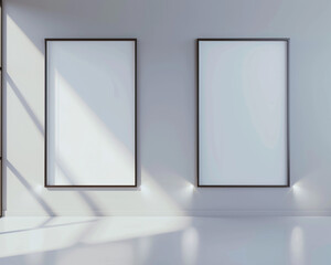 Two empty white frames with dark borders, displayed in a state-of-the-art architectural studio against a light gray wall.