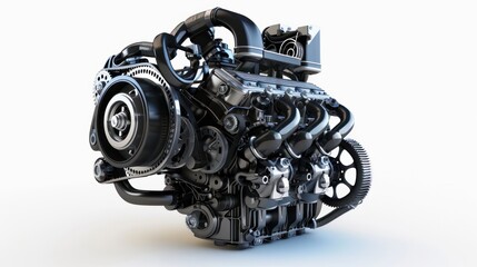 A car engine, representing modern automotive technology, is isolated on a white background.